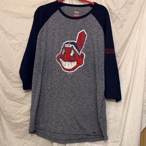 Majestic Cleveland Indians original mascot  2XL Gray Tee with mascot 3/4 sleeves